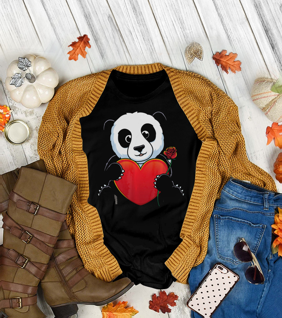 Panda Bear Holding Heart and Rose Valentines Day Love T-Shirt