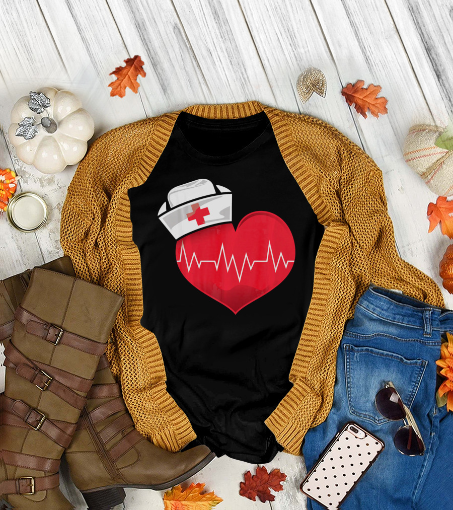 Nurse Heartbeat Valentine Costume with White Nurse Hat and Red Heartbeat Line T-Shirt