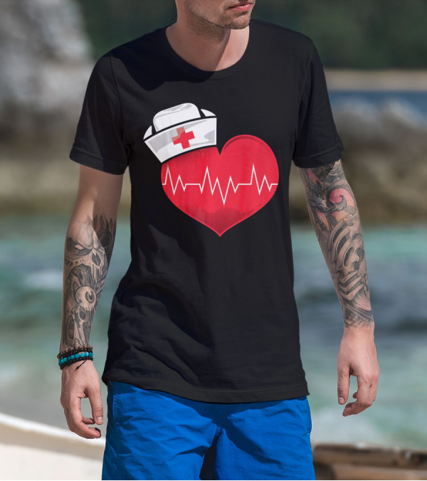 Nurse Heartbeat Valentine Costume With White Nurse Hat And Red Heartbeat Line T-Shirt