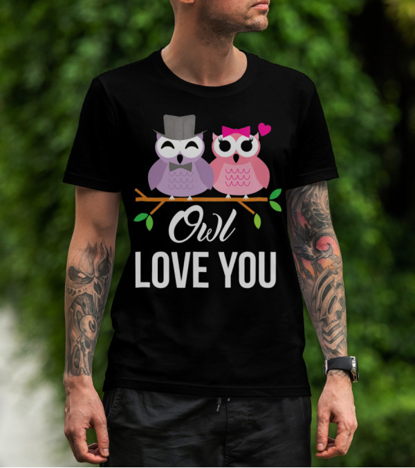 Owl Love You Valentines Pink And Purple Owls With Hats And Heart T-Shirt