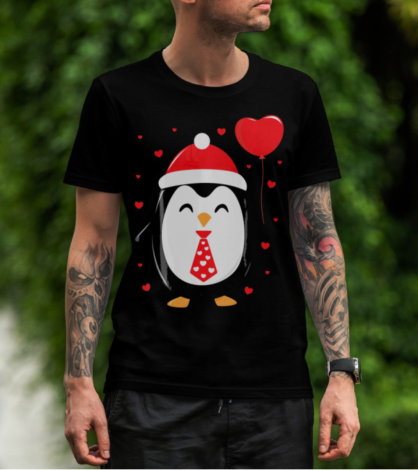 Penguin Valentines Day Heart Balloon Santa Hat And Hearts T-Shirt