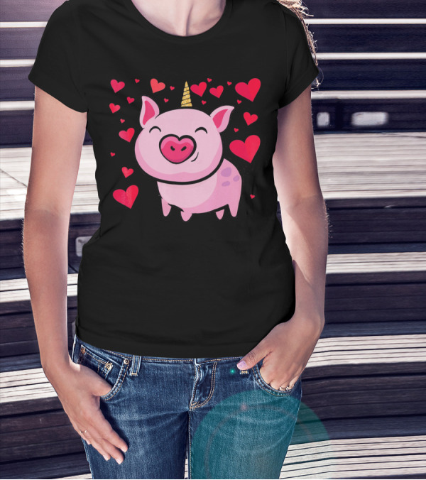 Pigacorn Valentine Unicorn Pig With Hearts For Lovers T-Shirt