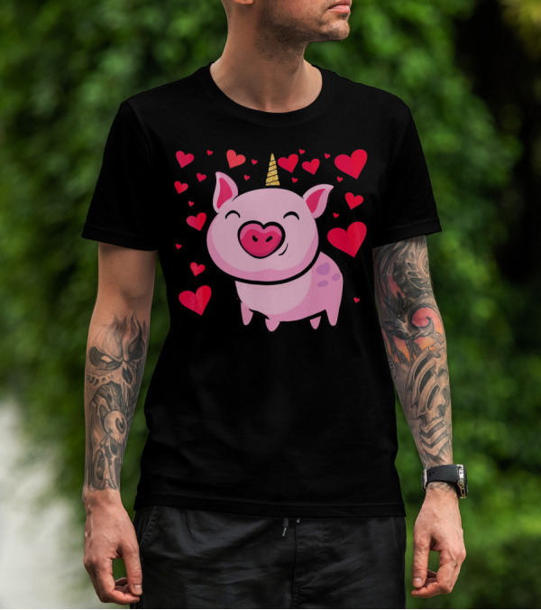Pigacorn Valentine Unicorn Pig With Hearts For Lovers T-Shirt