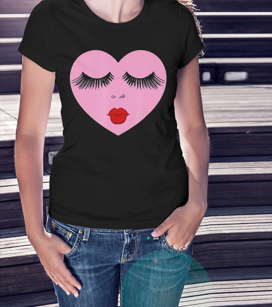 Pink Heart With Eyelashes And Red Lips Valentine T-Shirt