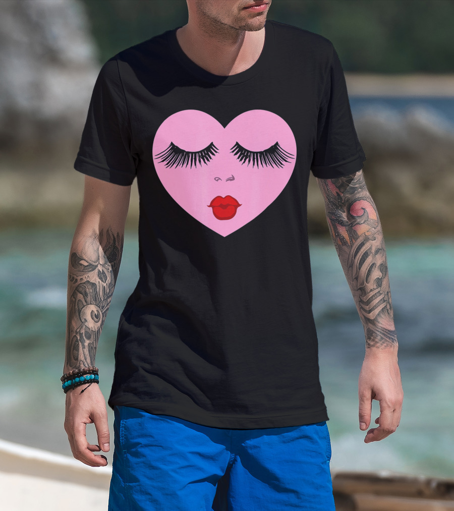 Pink Heart With Eyelashes And Red Lips Valentine T-Shirt