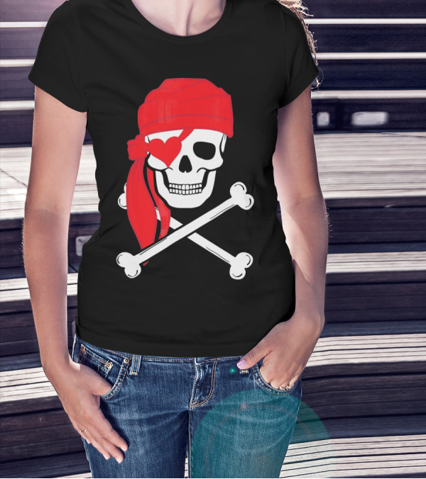 Pirate Skull And Cross Bones Heart Eyepatch Valentines T-Shirt