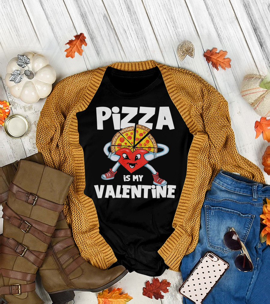 Pizza Is My Valentine Comic Heart Character with Pizza Slice Valentine’s Day T-Shirt