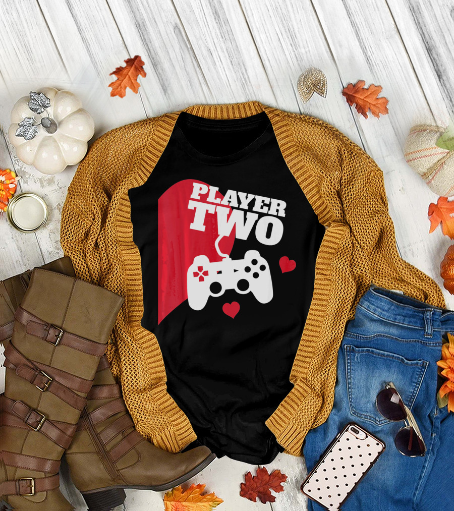 Player Two Valentine with Game Controller and Hearts T-Shirt