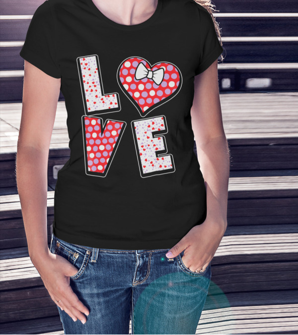 LOVE Polka Dot Heart Bow Tie Valentines T-Shirt