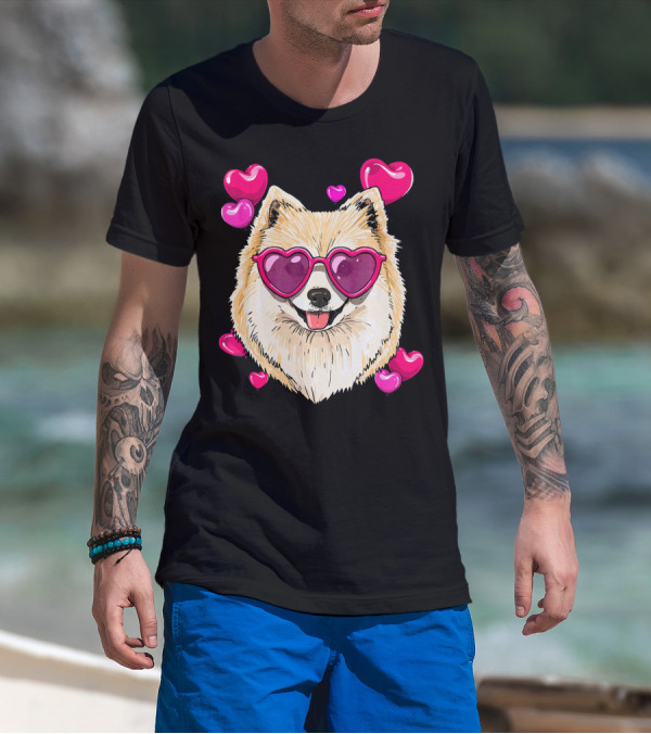 Pomeranian Valentines Day Heart Sunglasses Love Dog T-Shirt