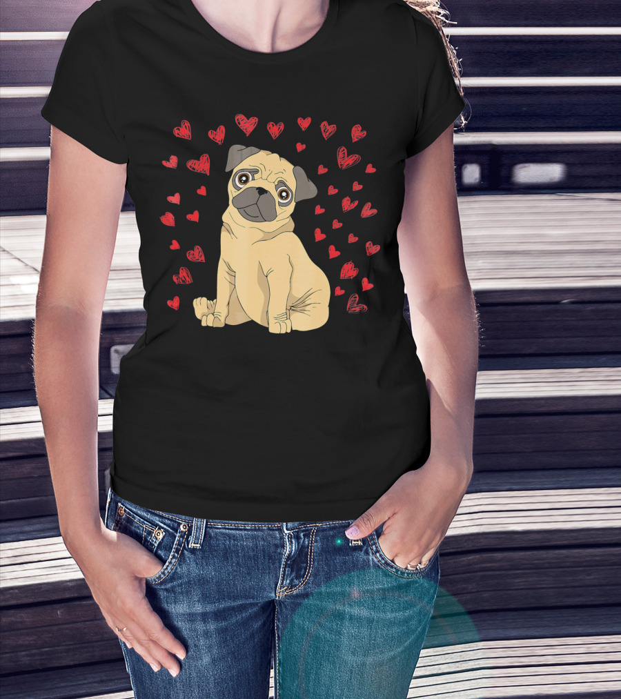 Pug Dog Lover Puppy Surrounded By Red Hearts T-Shirt
