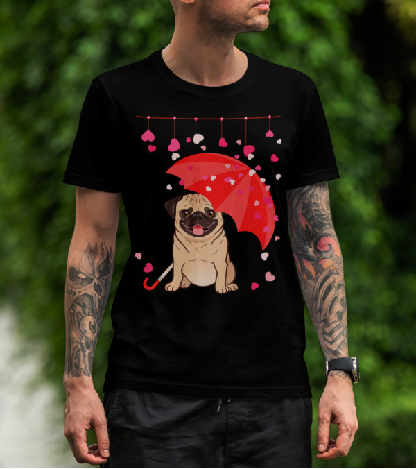 Pug With Umbrella And Falling Hearts Valentine's Day T-Shirt
