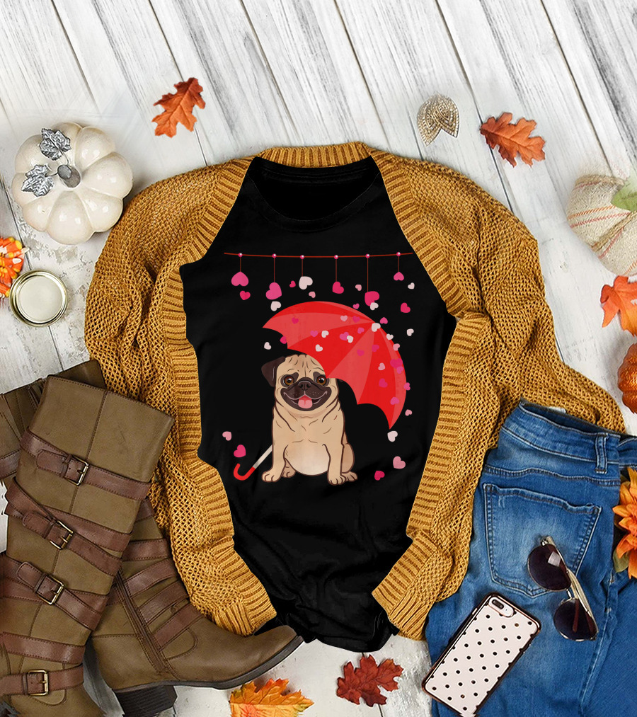 Pug with Umbrella and Falling Hearts Valentine's Day T-Shirt