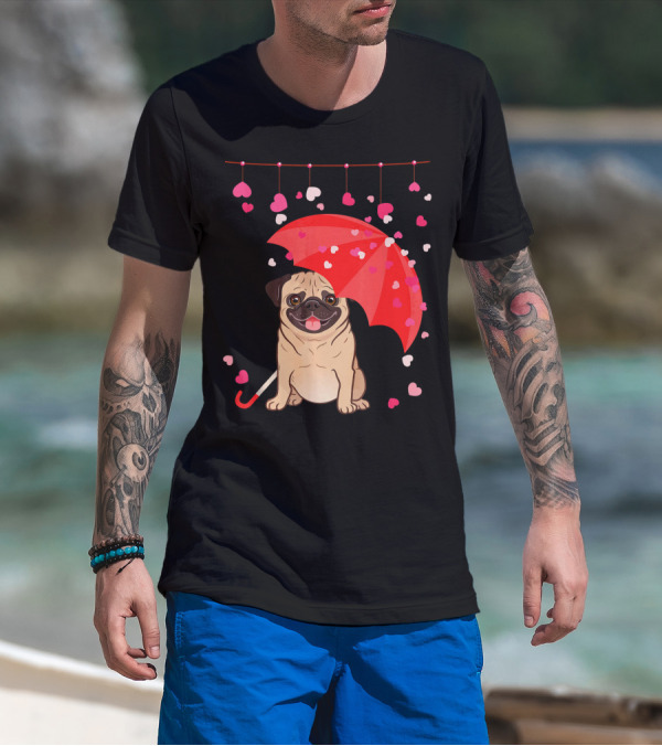 Pug With Umbrella And Falling Hearts Valentine's Day T-Shirt