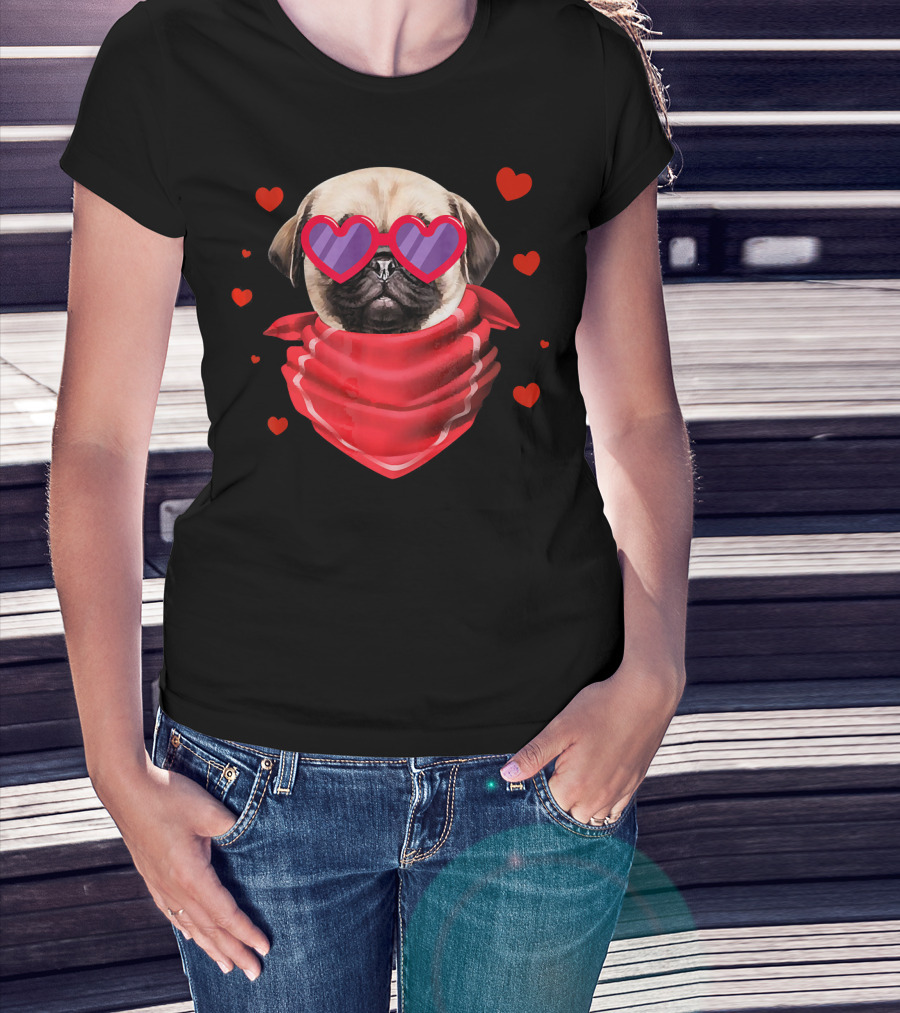 Pug Valentines Day Heart-Shaped Glasses And Bandana With Hearts T-Shirt