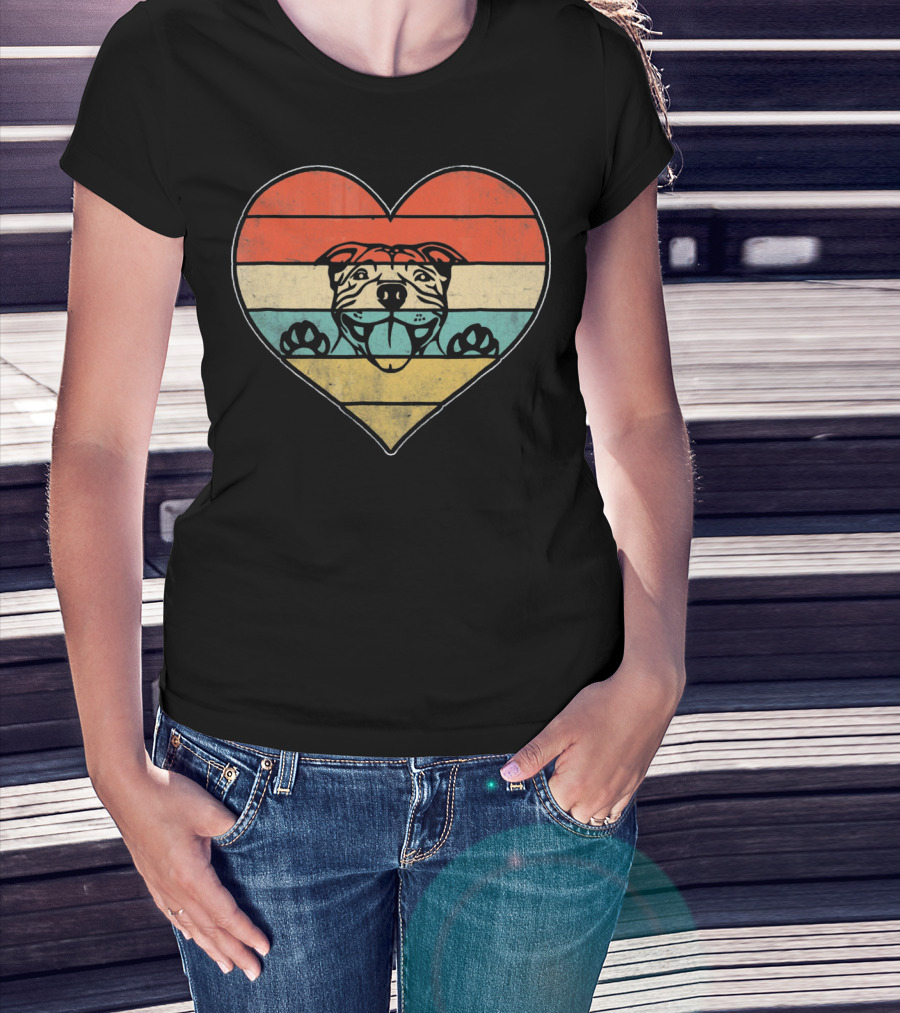 Retro Vintage Pit Bull Heart Valentine Stripes T-Shirt