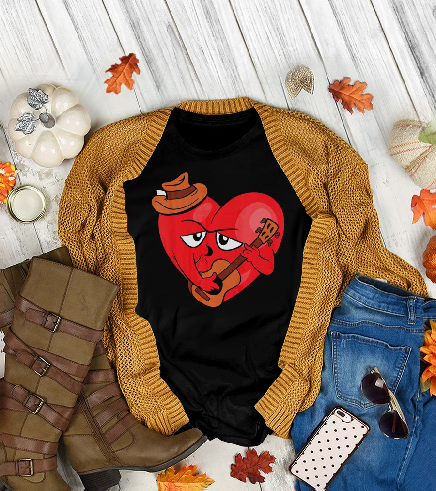 Heart Playing Guitar with Cowboy Hat Valentine's Day T-Shirt