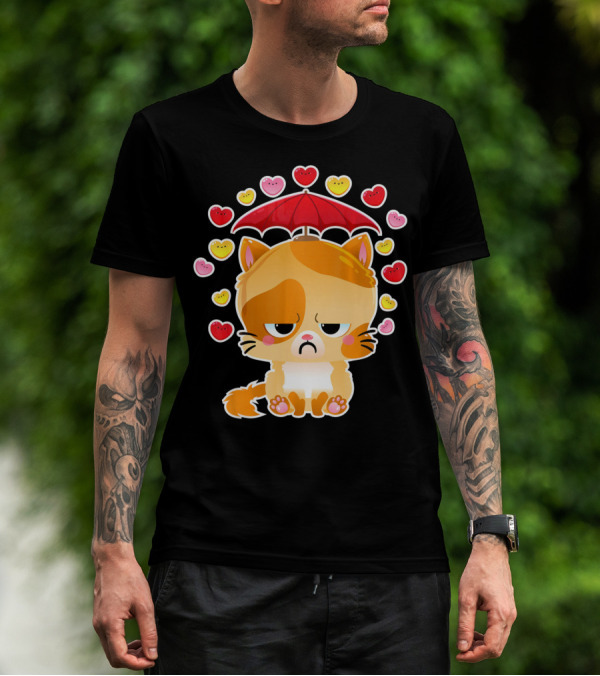 Sad Cat Under Umbrella With Raining Hearts Valentine's Day T-Shirt