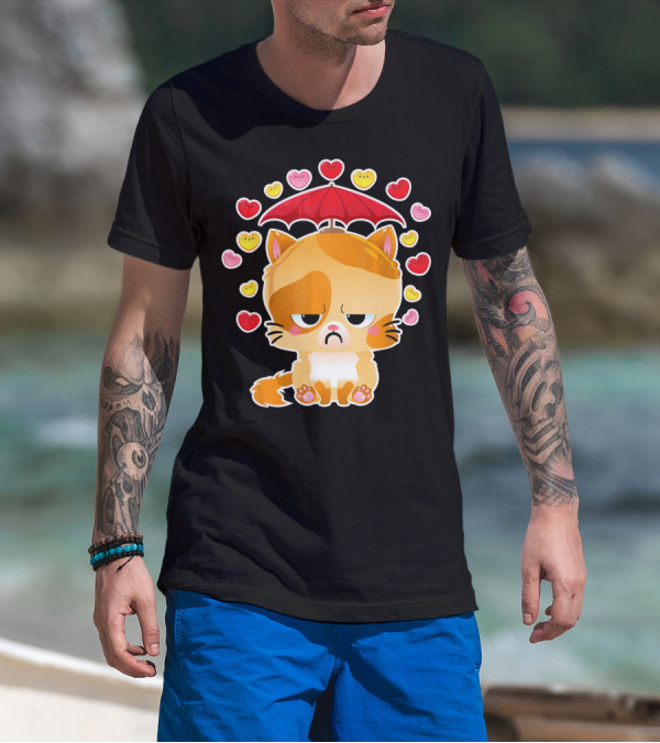 Sad Cat Under Umbrella With Raining Hearts Valentine's Day T-Shirt