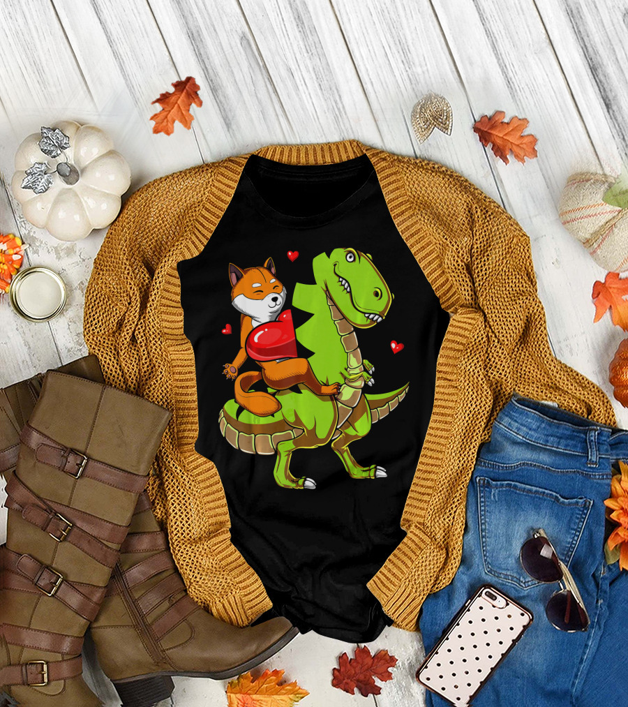 Shiba Inu Riding Green T-Rex Dinosaur with Red Hearts T-Shirt