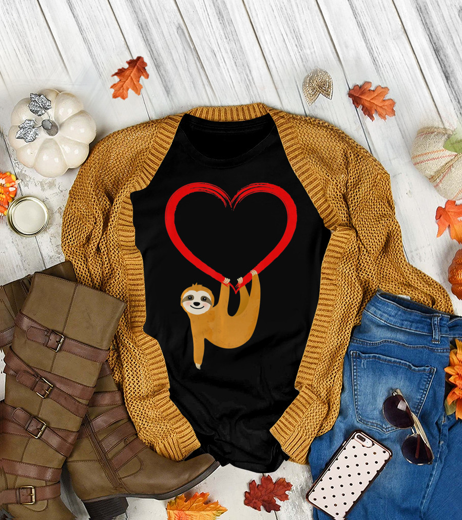 Valentines Day Sloth Hanging on Heart T-Shirt
