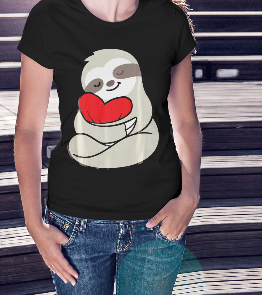 Sloth Hugging Heart Love Valentines T-Shirt