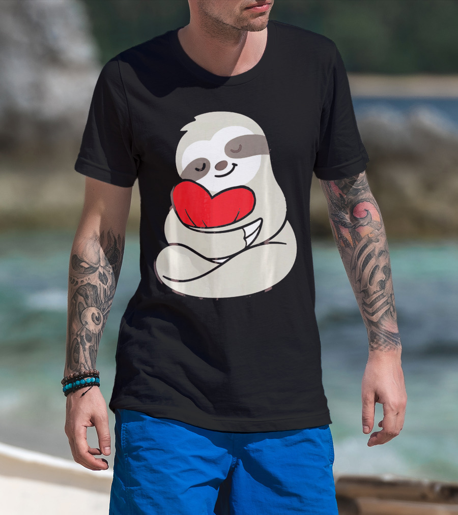 Sloth Hugging Heart Love Valentines T-Shirt