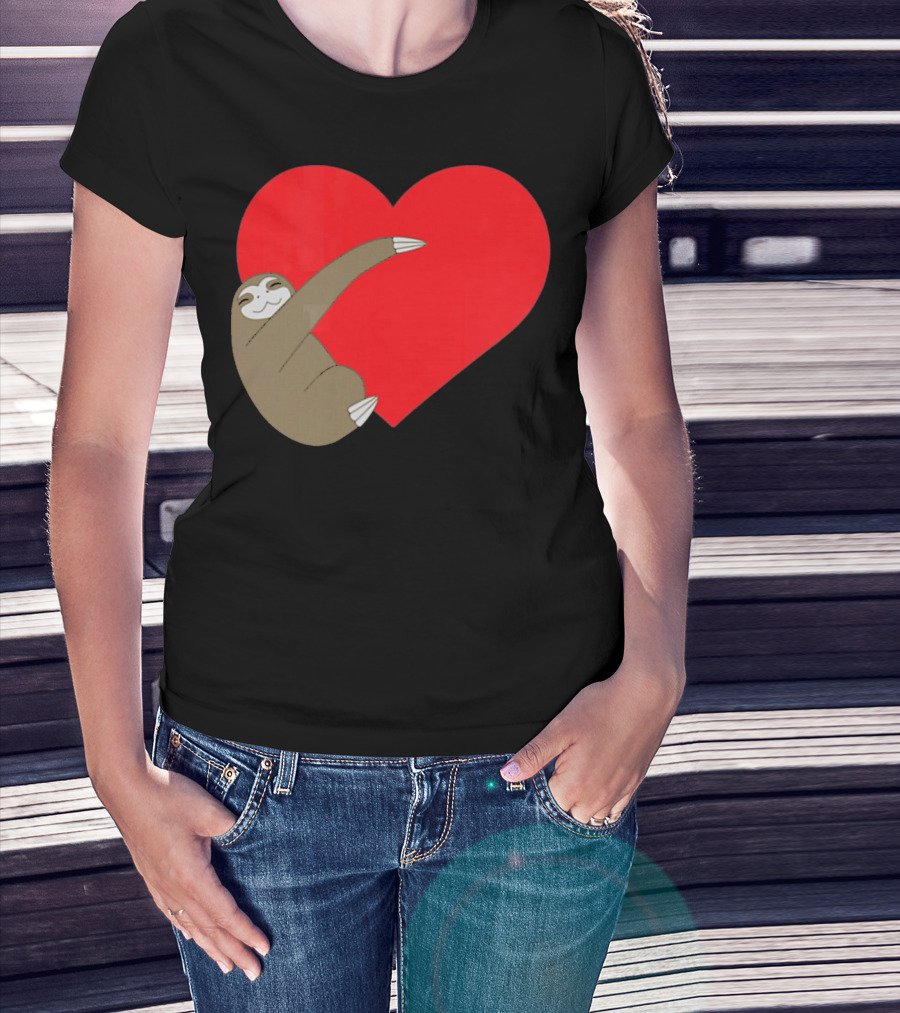 Sloth Hugging Heart Cute Pocket Va T-Shirt