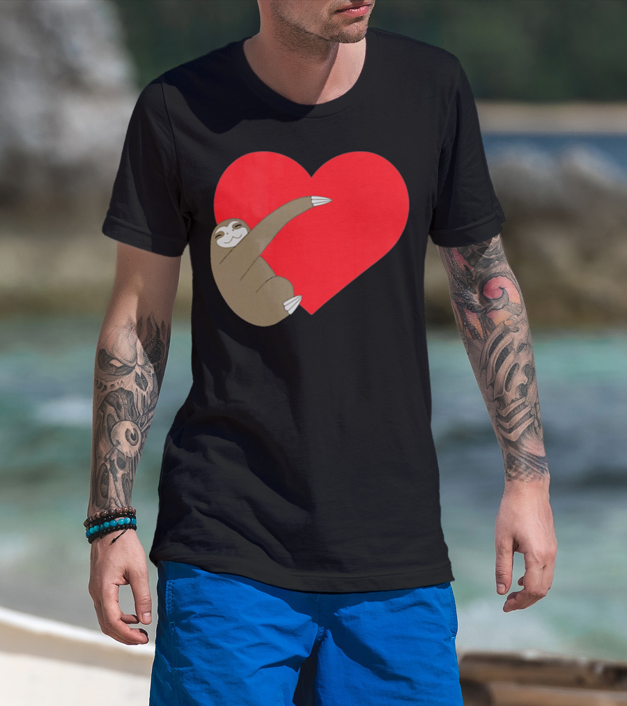 Sloth Hugging Heart Cute Pocket Va T-Shirt