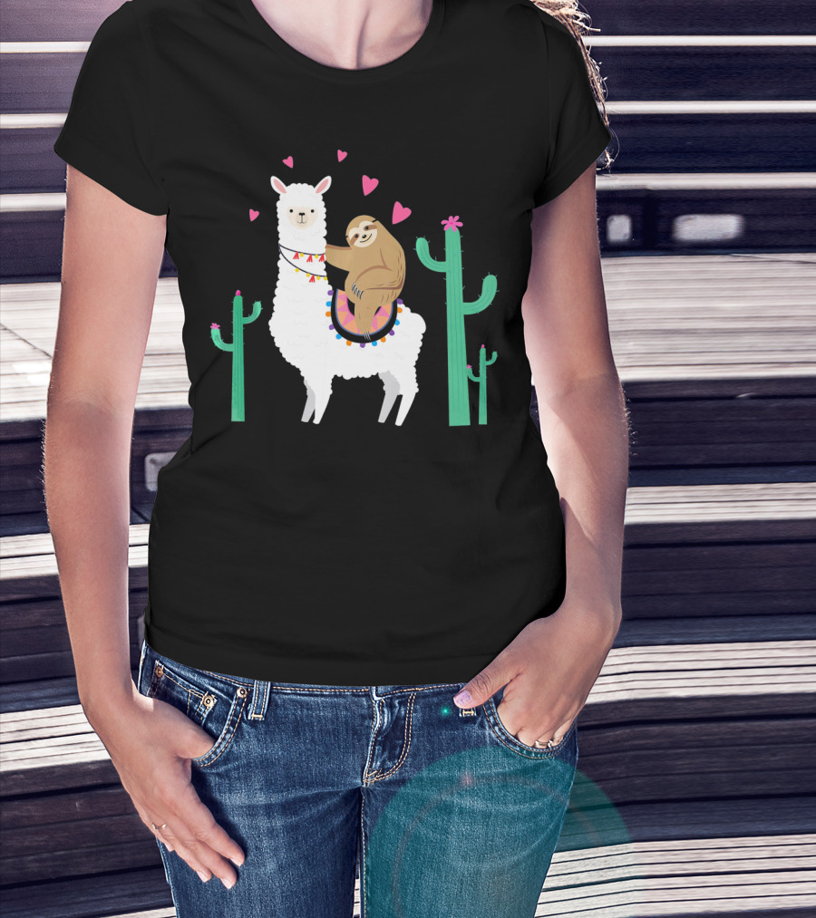 Sloth Riding Llama With Hearts And Cacti T-Shirt
