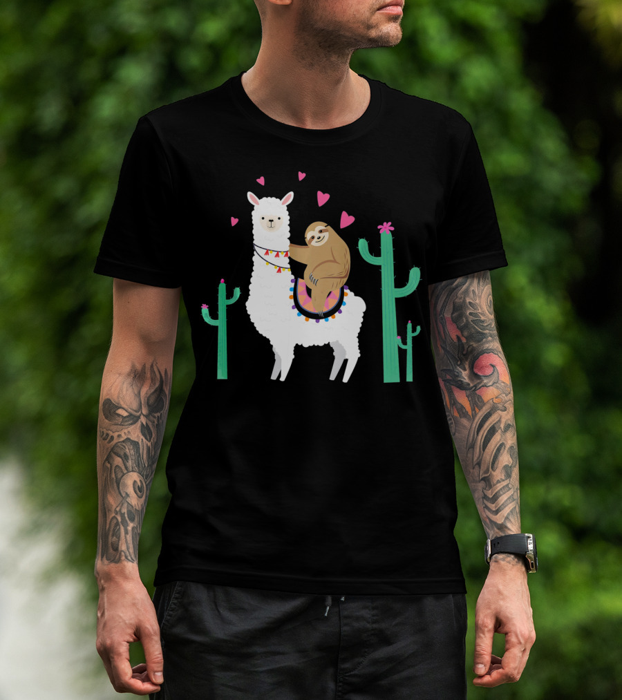Sloth Riding Llama With Hearts And Cacti T-Shirt