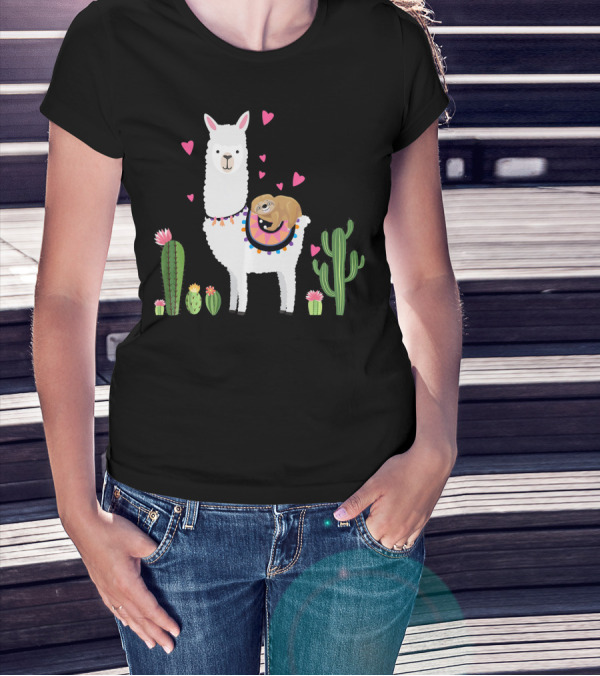 Sloth Riding Llama Heart Cactus Funny Va T-Shirt