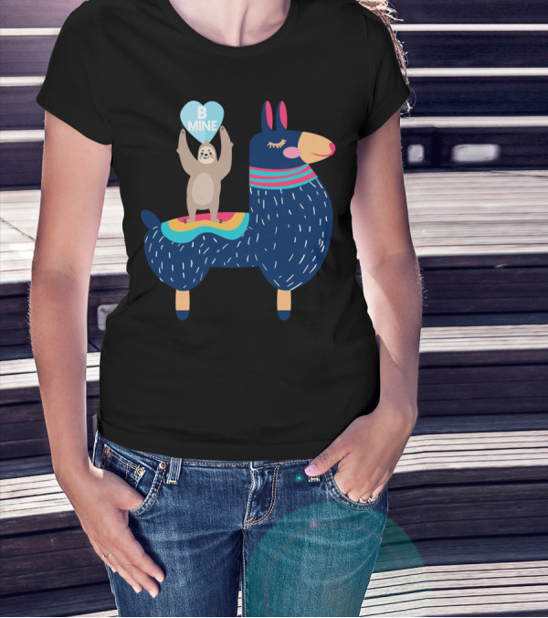Sloth Holding Heart On Llama Be Mine T-Shirt