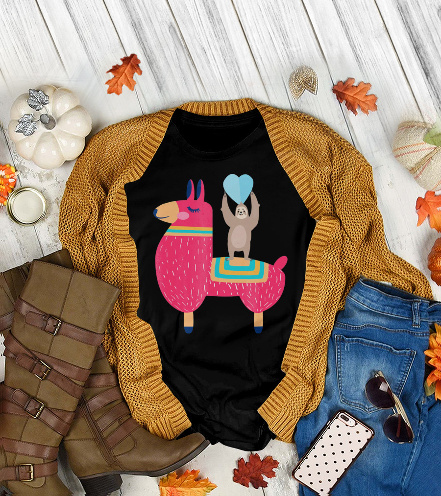 Sloth Riding Llama with Heart Balloon T-Shirt