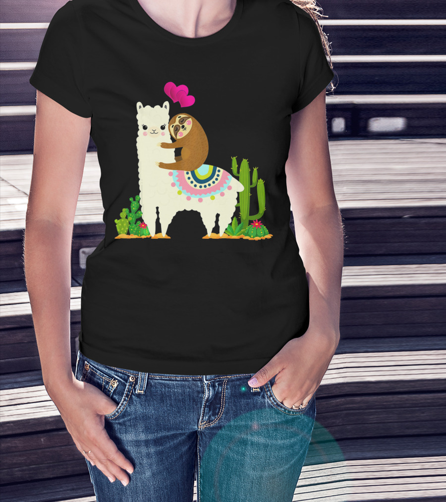 Sloth Riding Llama With Pink Hearts And Cactus Funny Valentin T-Shirt