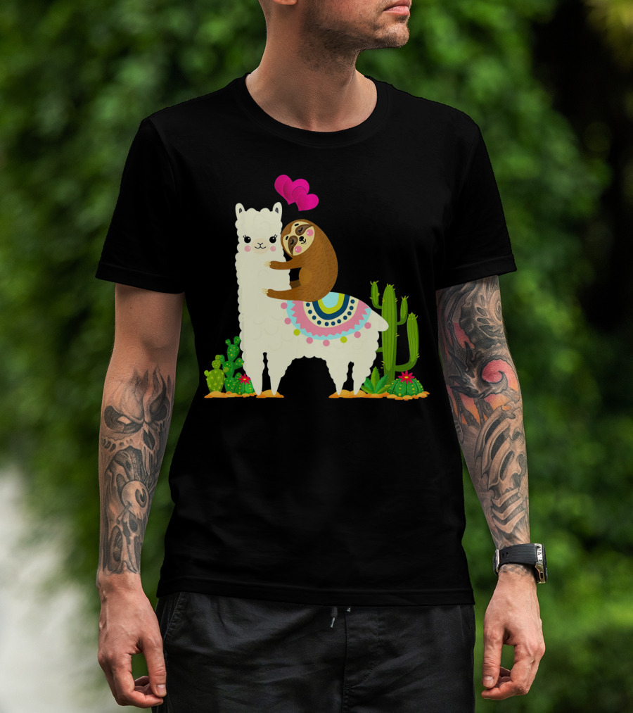 Sloth Riding Llama With Pink Hearts And Cactus Funny Valentin T-Shirt