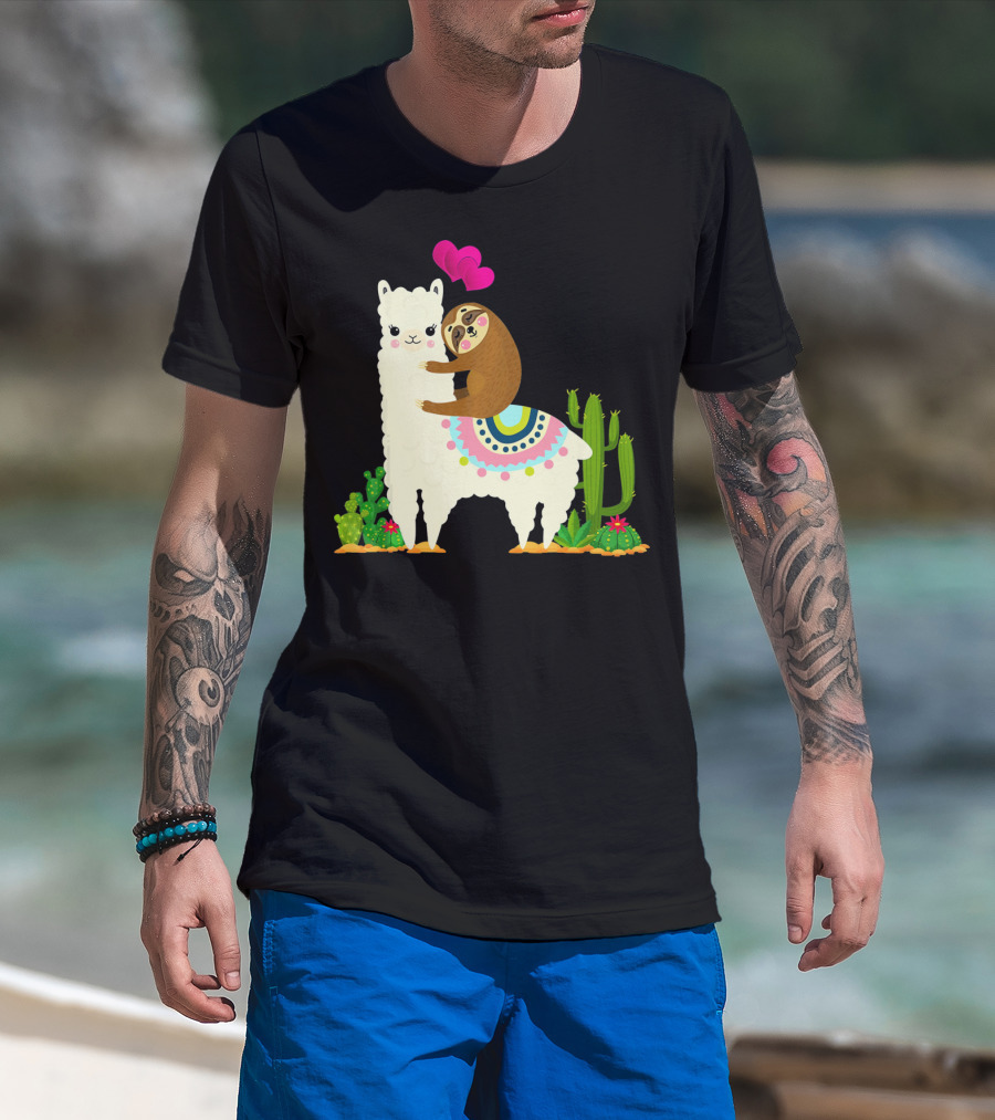 Sloth Riding Llama With Pink Hearts And Cactus Funny Valentin T-Shirt