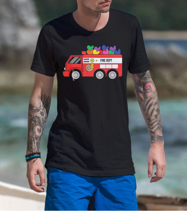 Fire Dept Valentine Hearts Sloth Fire Truck T-Shirt