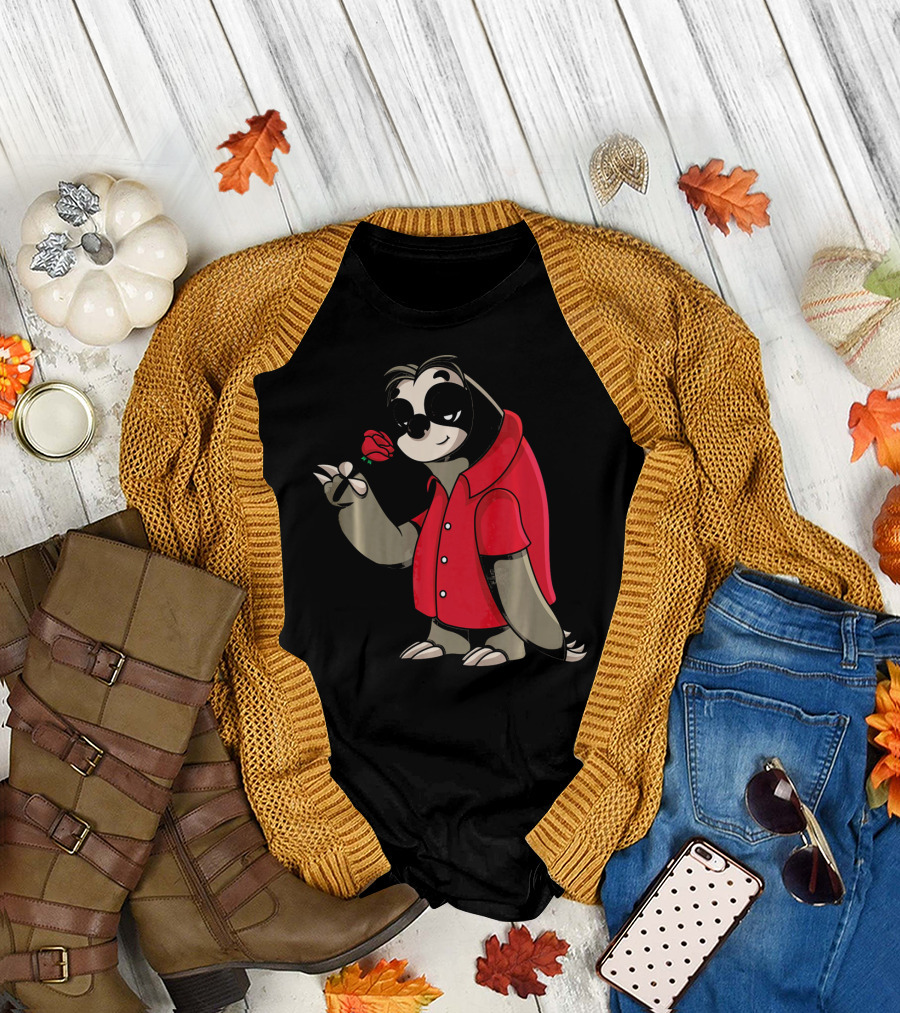 Romantic Sloth Valentine with Red Rose T-Shirt