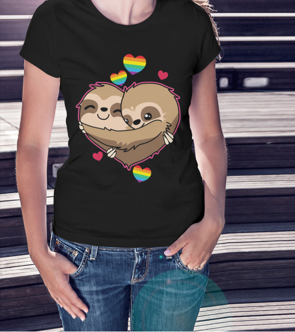 Valentines Day Sloth Heart With Rainbow Hearts T-Shirt
