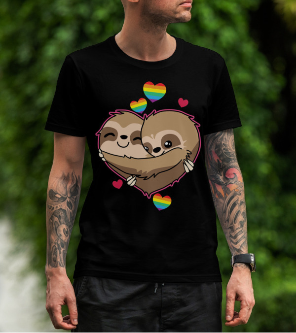 Valentines Day Sloth Heart With Rainbow Hearts T-Shirt