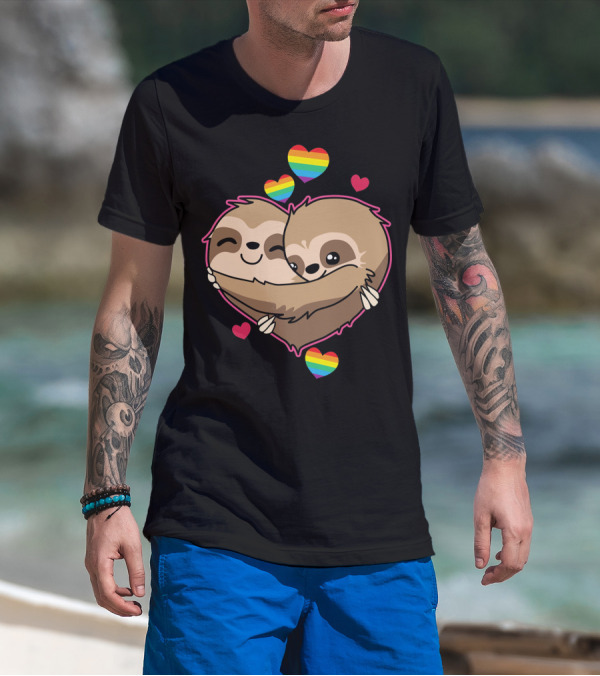 Valentines Day Sloth Heart With Rainbow Hearts T-Shirt