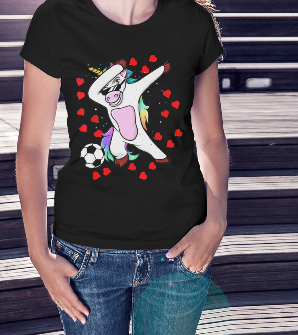 Soccer Is My Valentine Unicorn Dabbing Surrounded By Hearts T-Shirt