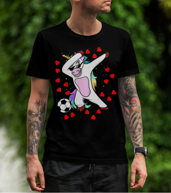 Soccer Is My Valentine Unicorn Dabbing Surrounded By Hearts T-Shirt