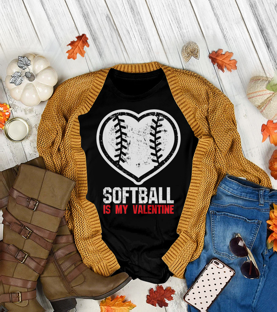 Softball Is My Valentine Heartball Stitching T-Shirt