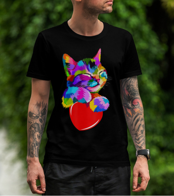 This Valentines My Cat Holds My Heart Colorful Kitten With Red Heart T-Shirt