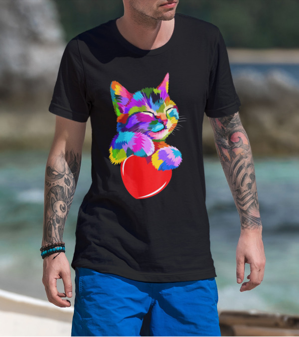 This Valentines My Cat Holds My Heart Colorful Kitten With Red Heart T-Shirt