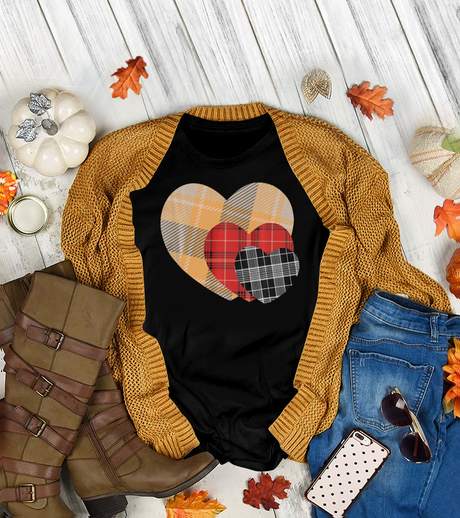 Three Valentines Hearts Plaid T-Shirt