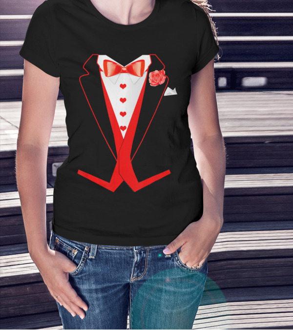 Tuxedo Red Hearts Cool Funny Valentines Bow Tie Rose T-Shirt