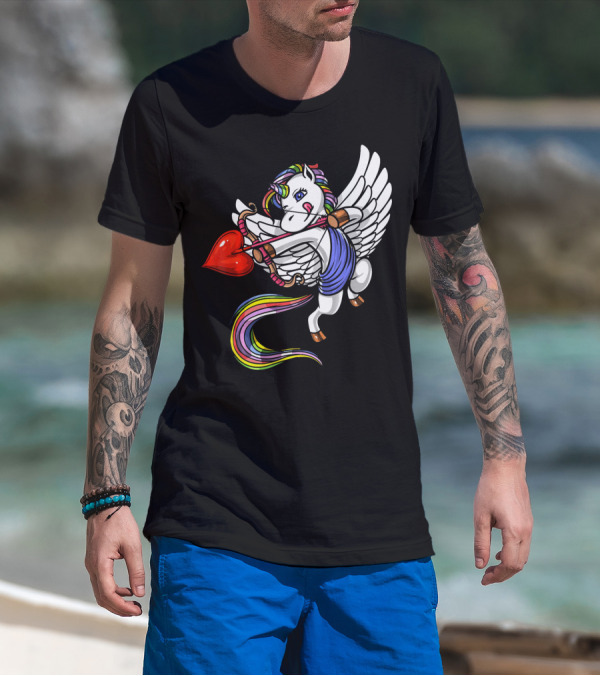 Unicorn Cupid Heart Valentines Day Rainbow Pegasus T-Shirt